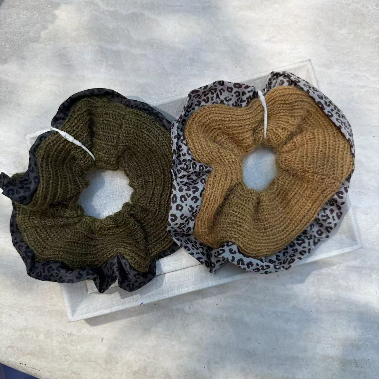 秋冬豹纹毛线针织大肠发圈女高弹力橡皮筋头花慵懒风丸子头绳发绳