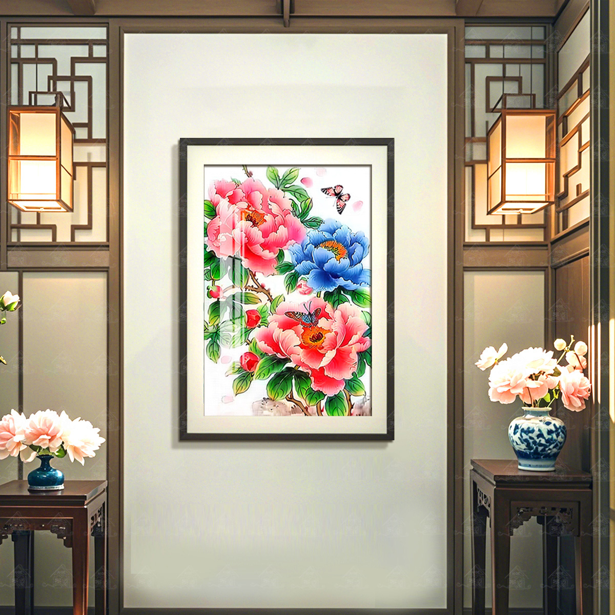 【进口棉布】爱阁十字绣花开富贵牡丹竖版二现代中式客厅装饰手工绣