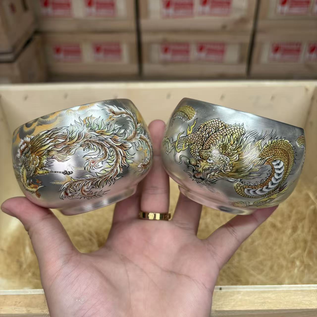 6店【闪购商品】周鸿杰龙凤呈祥鎏银禅定杯对杯 mc159