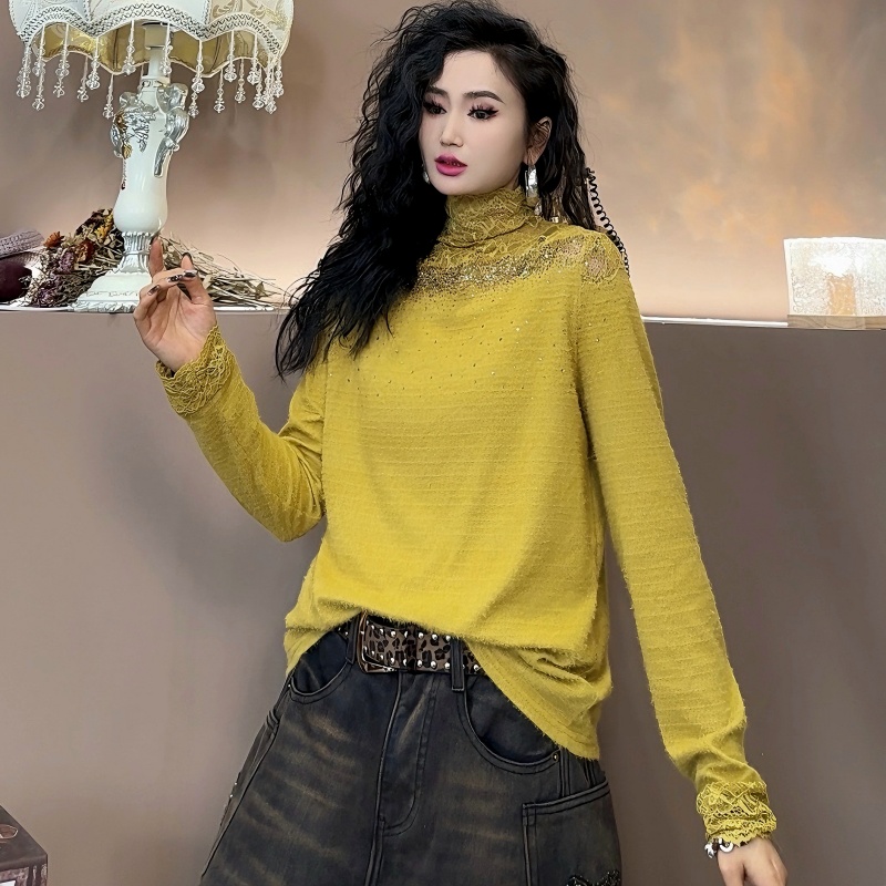 【亿火】秋冬显瘦耐磨毛针织衫拼接打底衫长袖蕾丝上衣-G101-9904