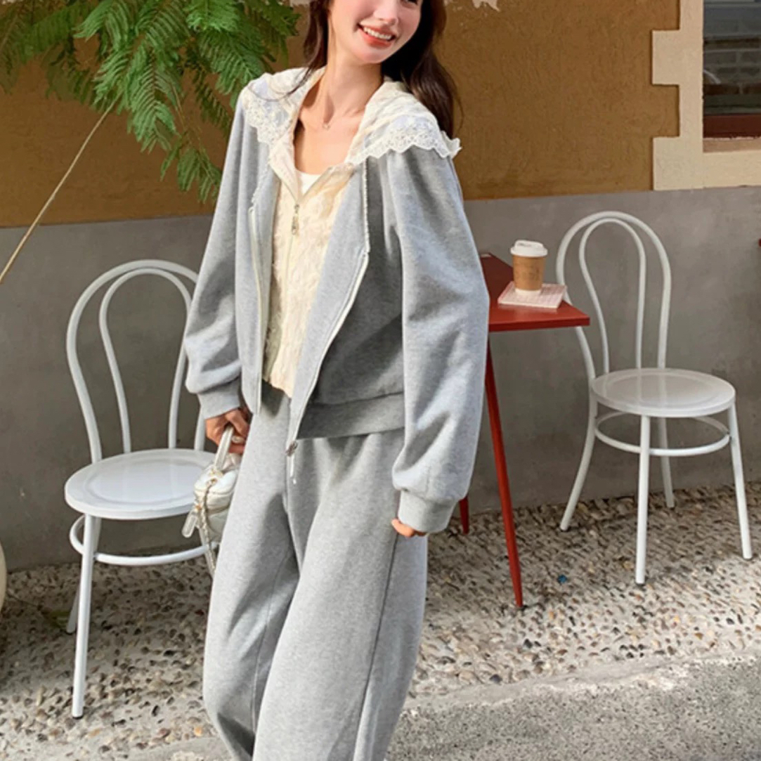 韩系设计感蕾丝连帽卫衣套装女2025秋新款显瘦休闲阔腿裤两件套