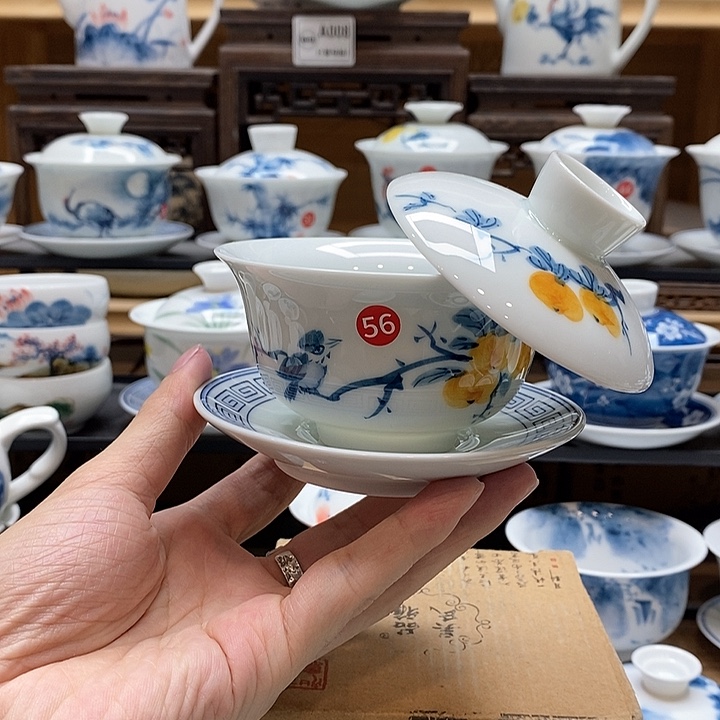 手绘喜柿图悬停盖碗150cc釉下彩微瑕福利款