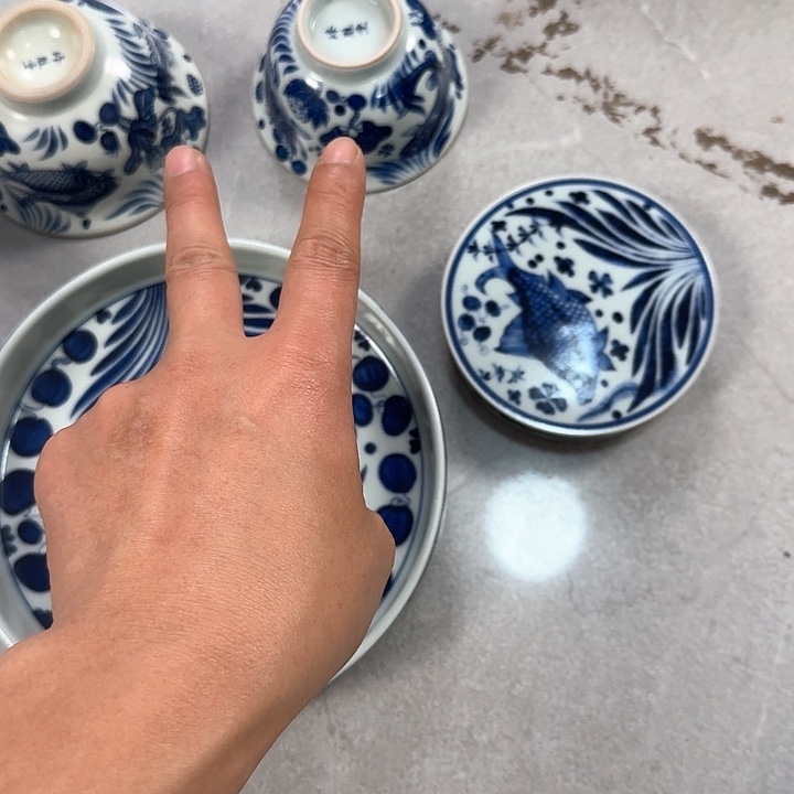 杯青花鱼藻5件套景德镇