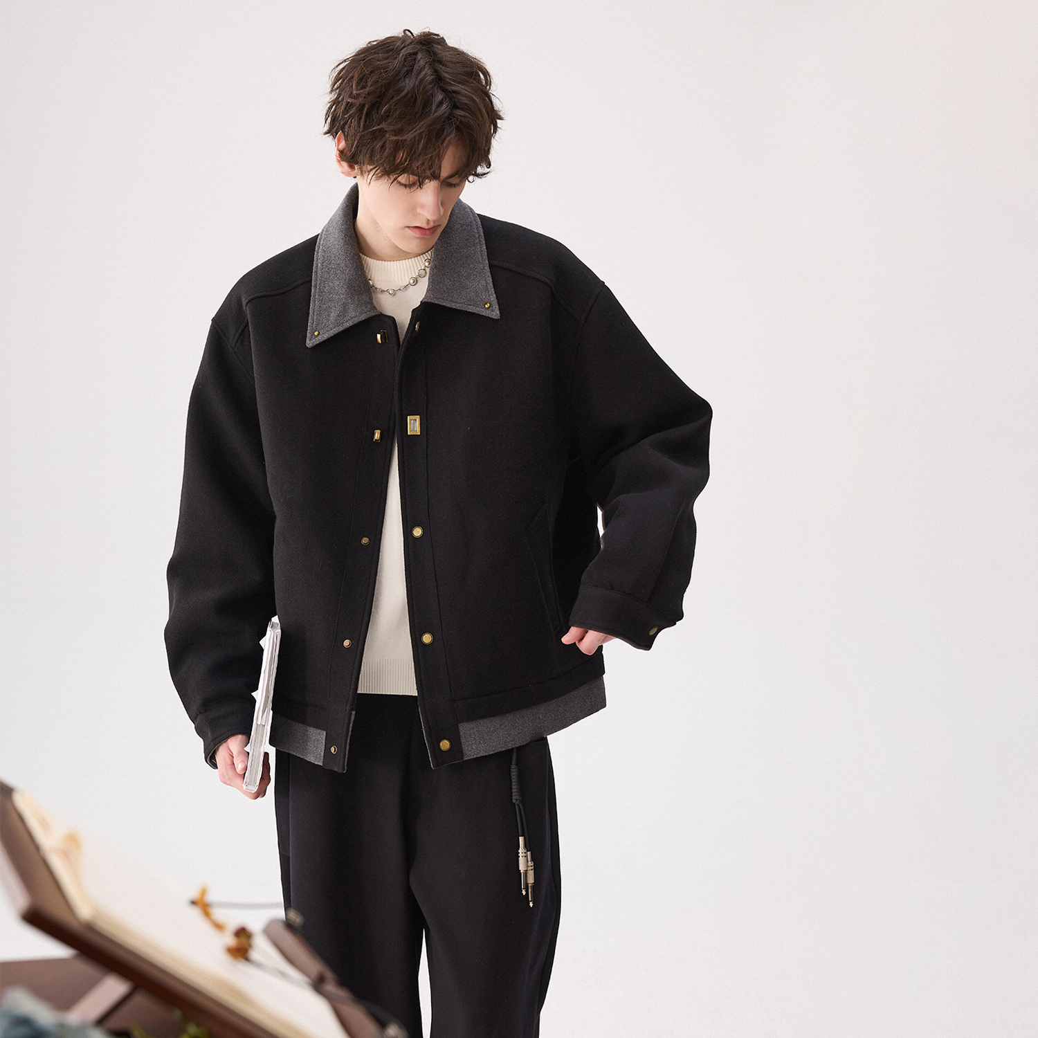 CHICERRO西西里男装古铜扣拼色翻领呢料外套休闲宽松潮流秋冬