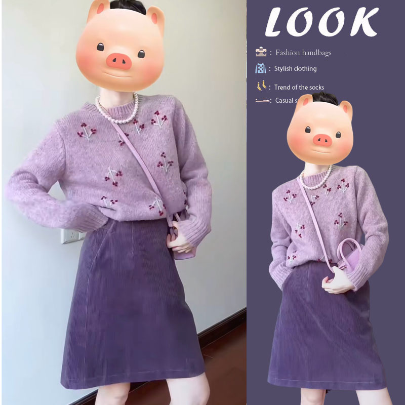 2025韩系穿搭秋季新款百搭减龄针织套头毛衣高腰显瘦半身裙两件套