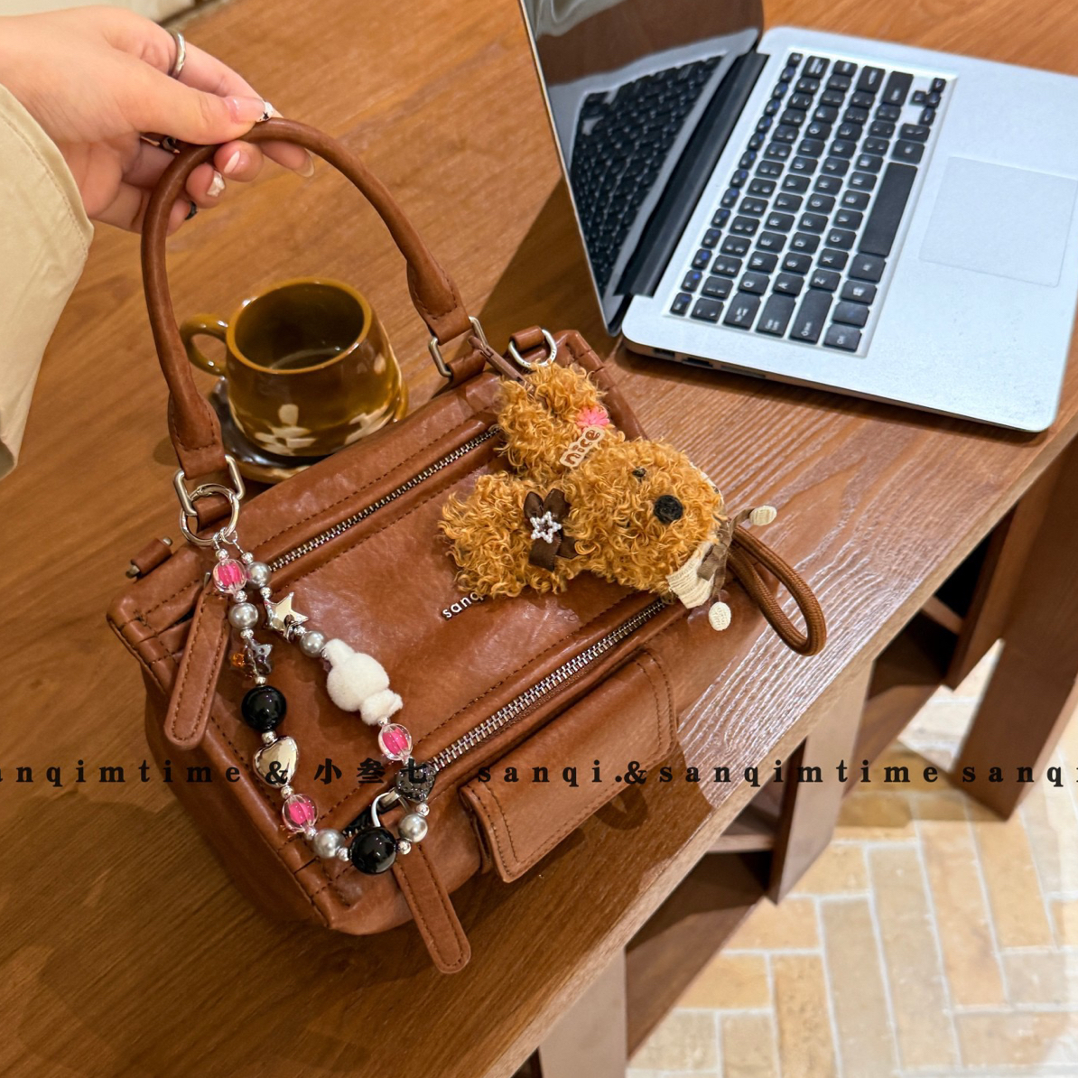 韩系小叁柒中古手提包复古慵懒百搭斜挎包带挂件2728