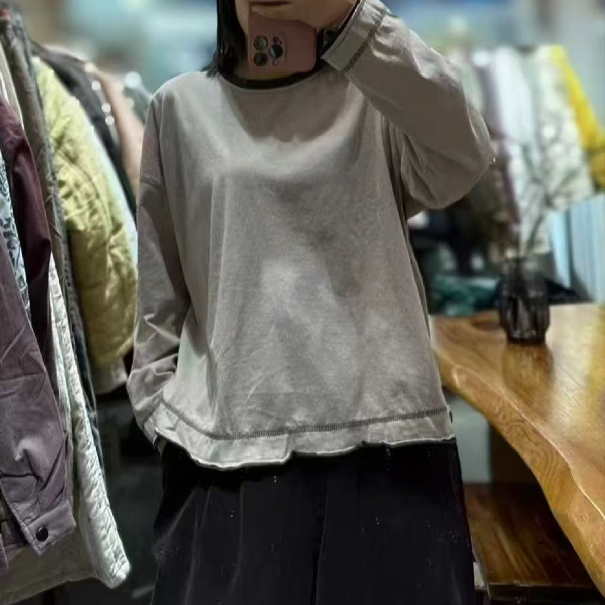 棉料撞色领长袖宽松百搭秋季时尚T恤衣长63胸围128