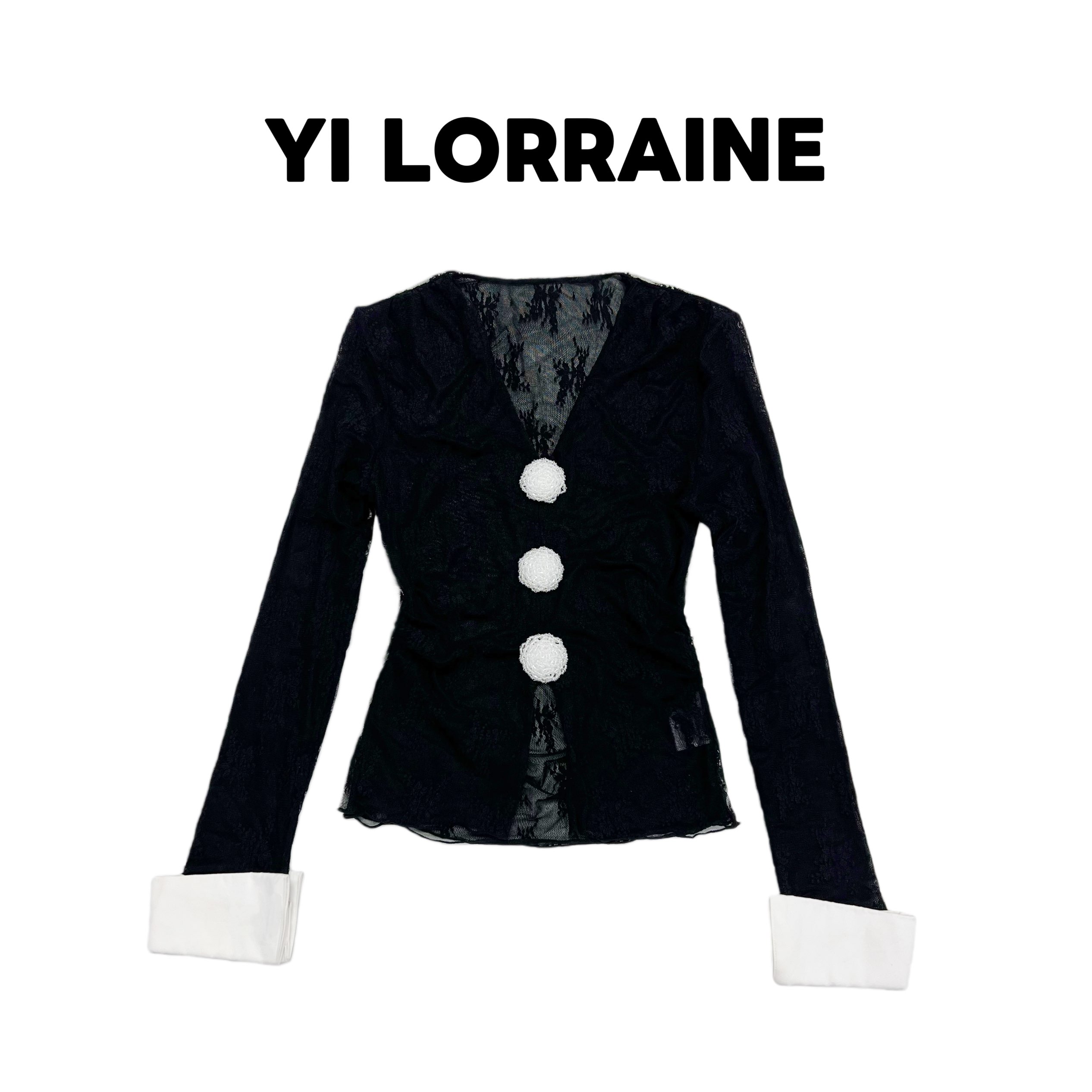 YI LORRAINE/旖洛琳原创设计手工花V领镂空蕾丝撞色衬衣袖上衣