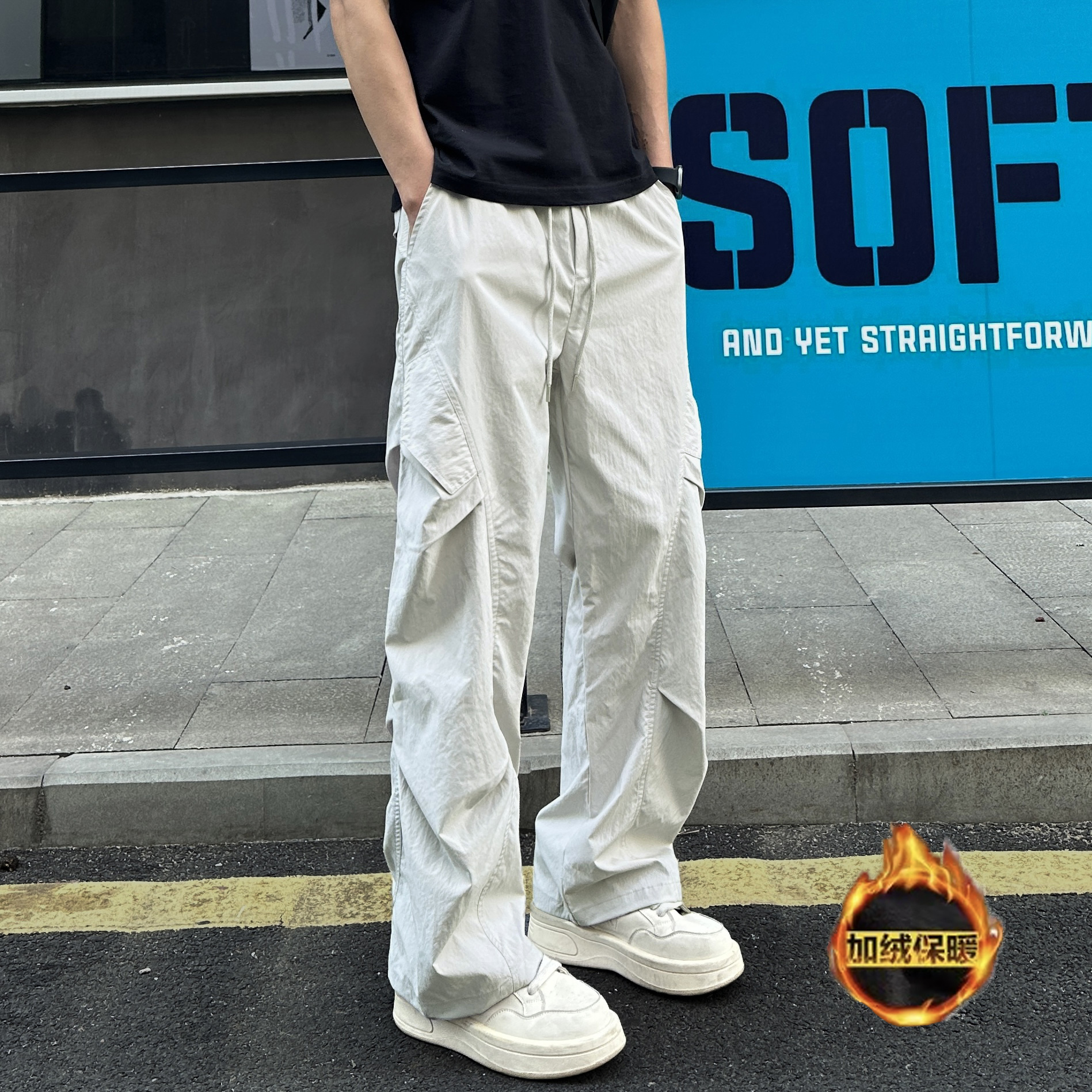 QUALCOMM秋冬新款皱感加绒休闲裤男女款潮流美式户外直筒工装裤子