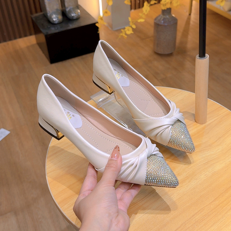 2025年春季新款气质尖头高跟鞋女粗跟鞋子低跟女鞋软皮不累脚单鞋