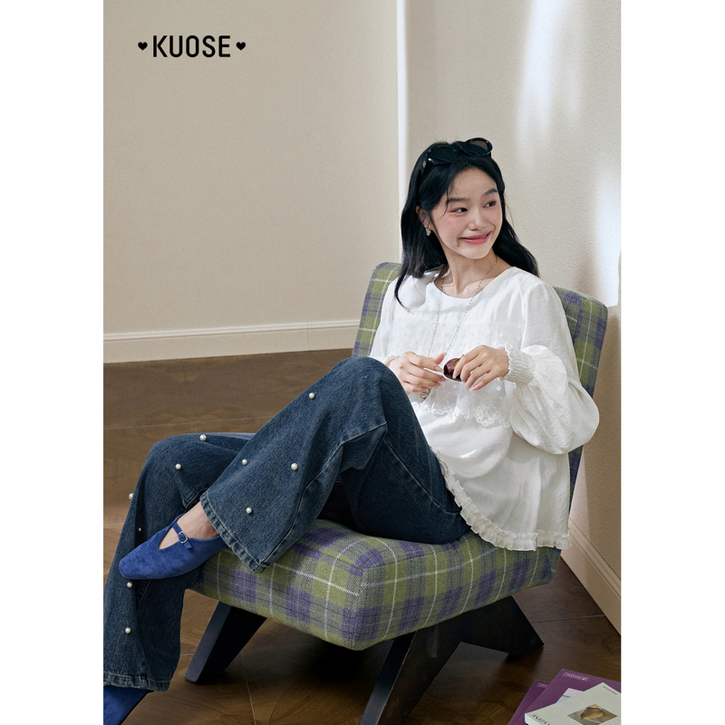阔色白色蕾丝娃娃衫衬衫2025秋季穿搭新款女宽松衬衣KSL2507009