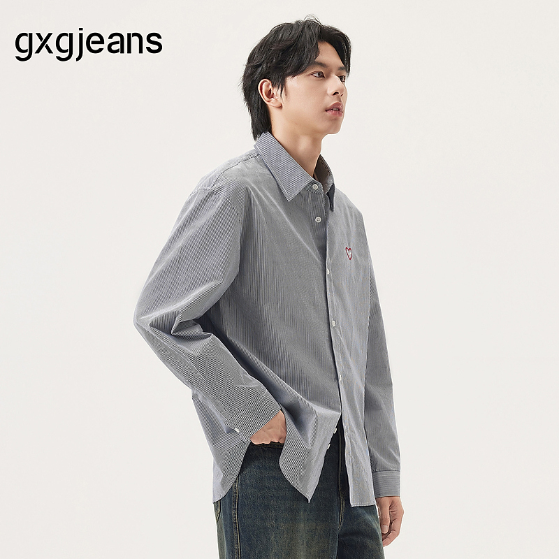gxg.jeans男装 藏青条纹绣花宽松长袖衬衫外套 25年秋新品