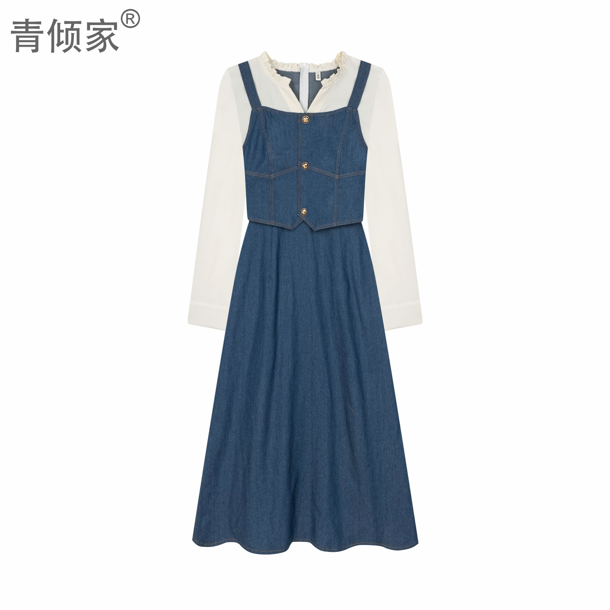 青倾家【海港日出】春季蓝色拼接牛仔假两件时尚吊带收腰显瘦长裙子