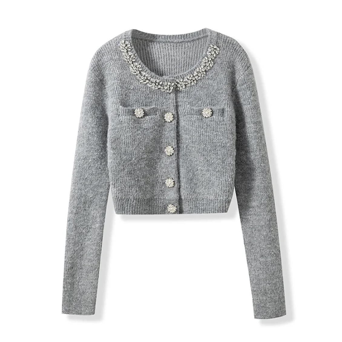 《猪猪出品》灰钻百搭灰色针织衫轻奢秋冬灰色镶钻百搭时尚