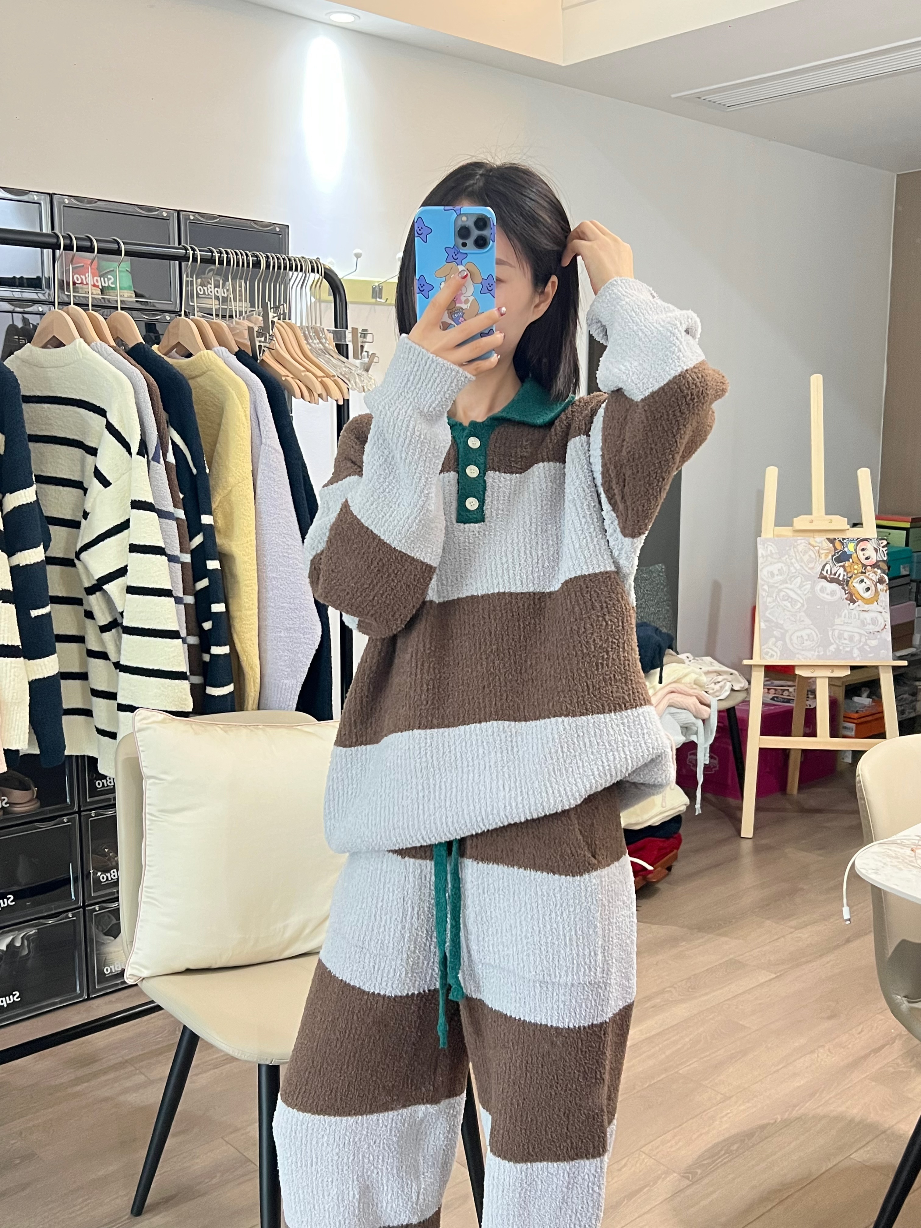 秋冬新款翻领撞色条纹半边绒睡衣可外穿情侣保暖居家服套装1313