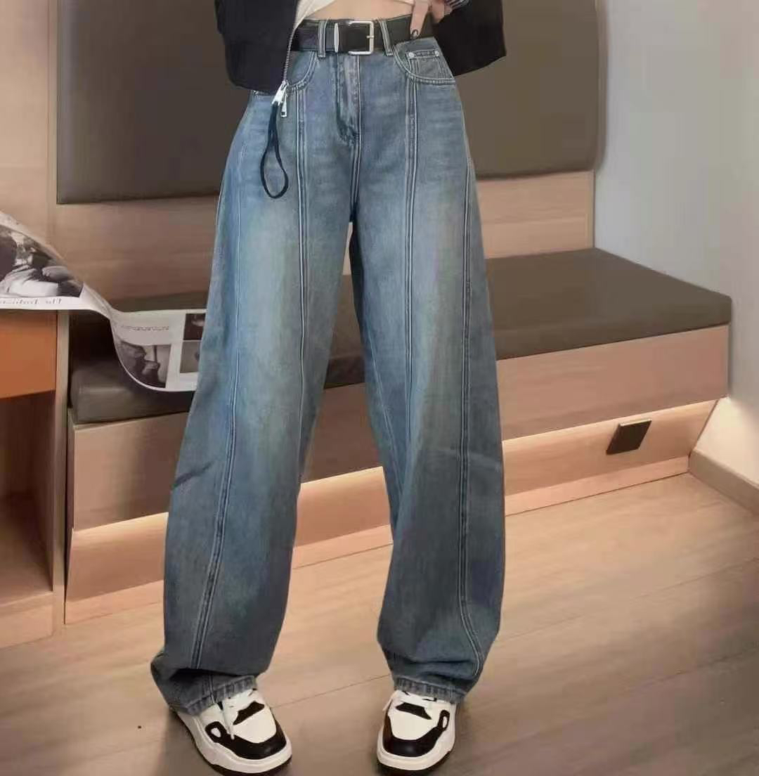 【玫瑰缘】欧货欧版新款弯刀百搭显瘦时尚休闲薄款浅色中高腰牛仔裤