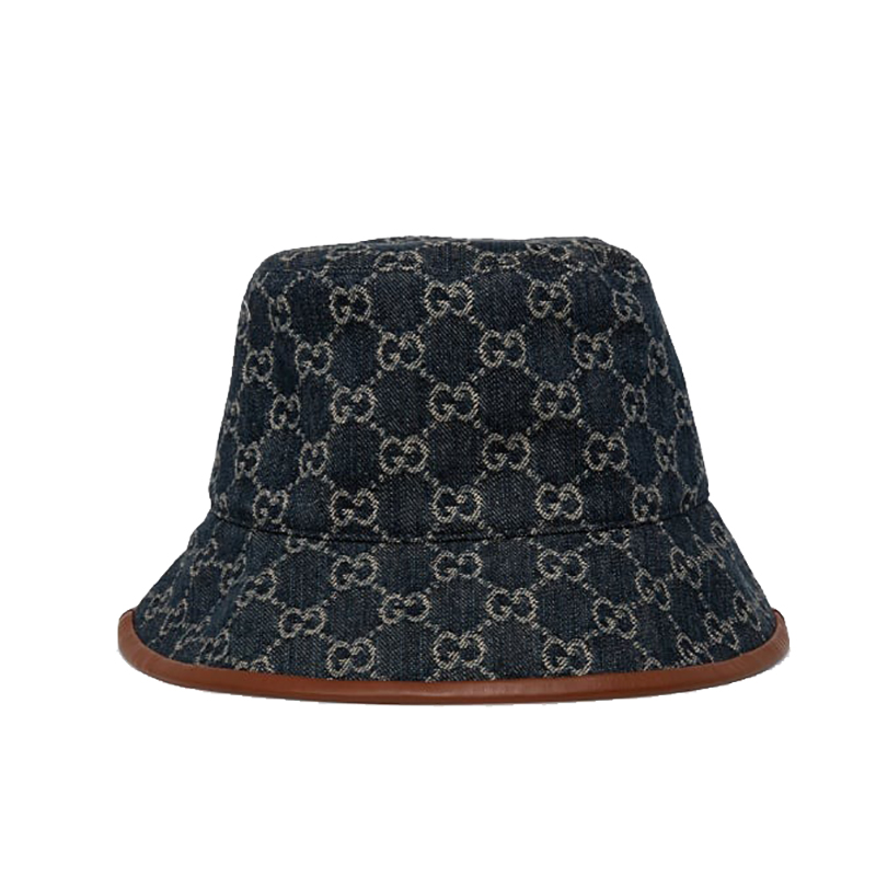 【法国直邮】GUCCI/古驰 深蓝色米色双G帆布棕色皮革饰边渔夫帽