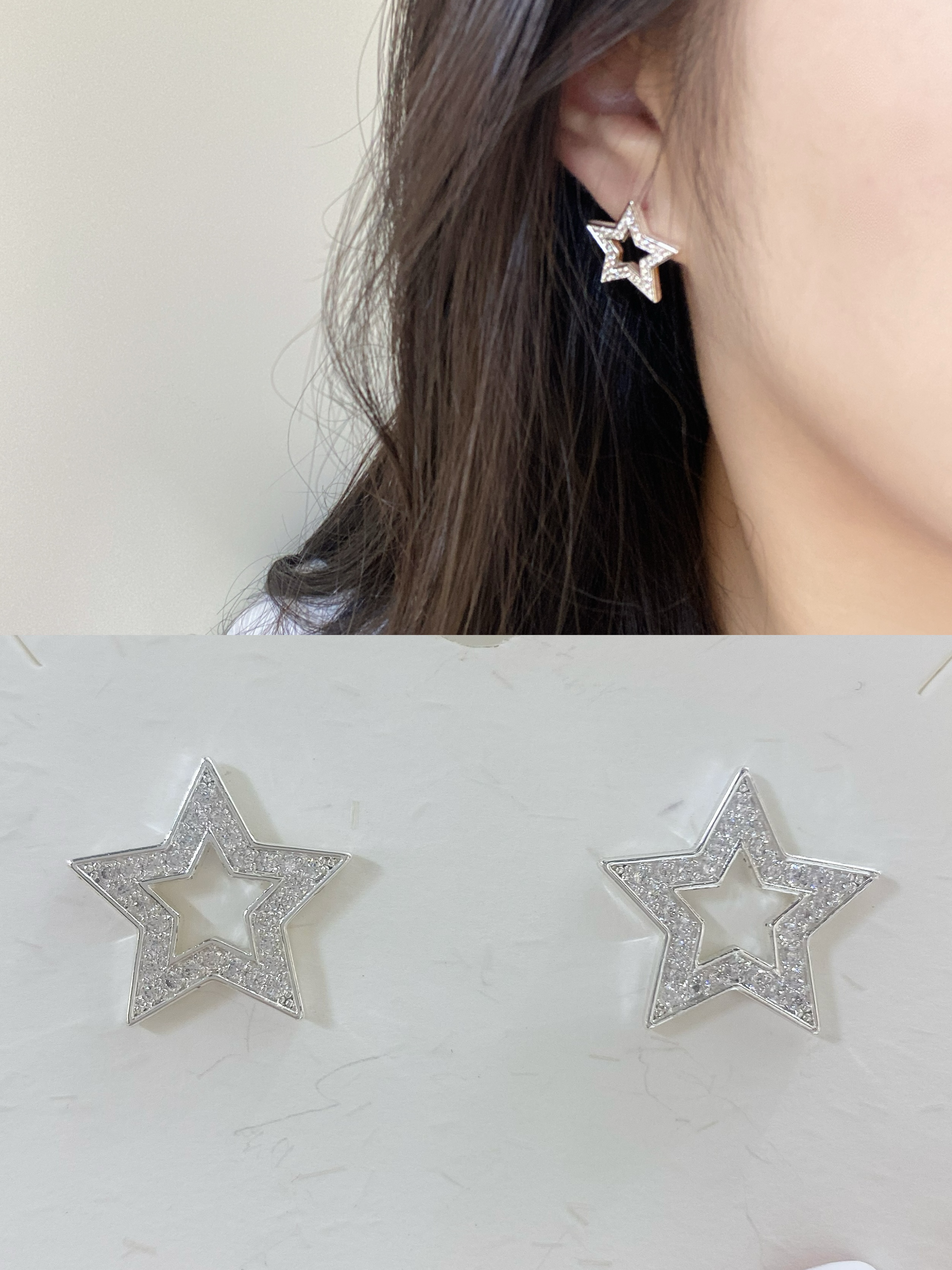 黄铜锆石耳饰 杭州实体店|锆石镂空星星耳钉现代简约个性时尚