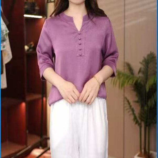 断码高货紫色冠乐皱立领五扣T恤1047