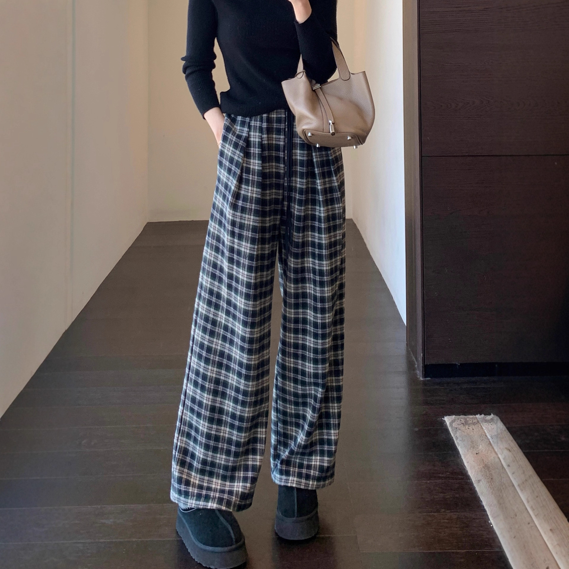 慵懒范时髦格子裤加绒加厚高腰宽松直筒阔腿裤女25秋冬新G121513