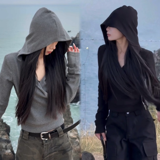 老板一米五呀 灰色连帽V领螺纹棉开衫女宽松秋季新款交叉打底长袖