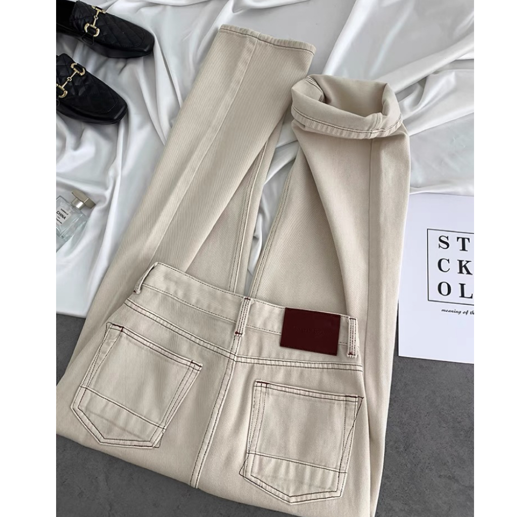 米白色阔腿牛仔裤女春秋新款高腰宽松设计感休闲显瘦直筒拖地裤子