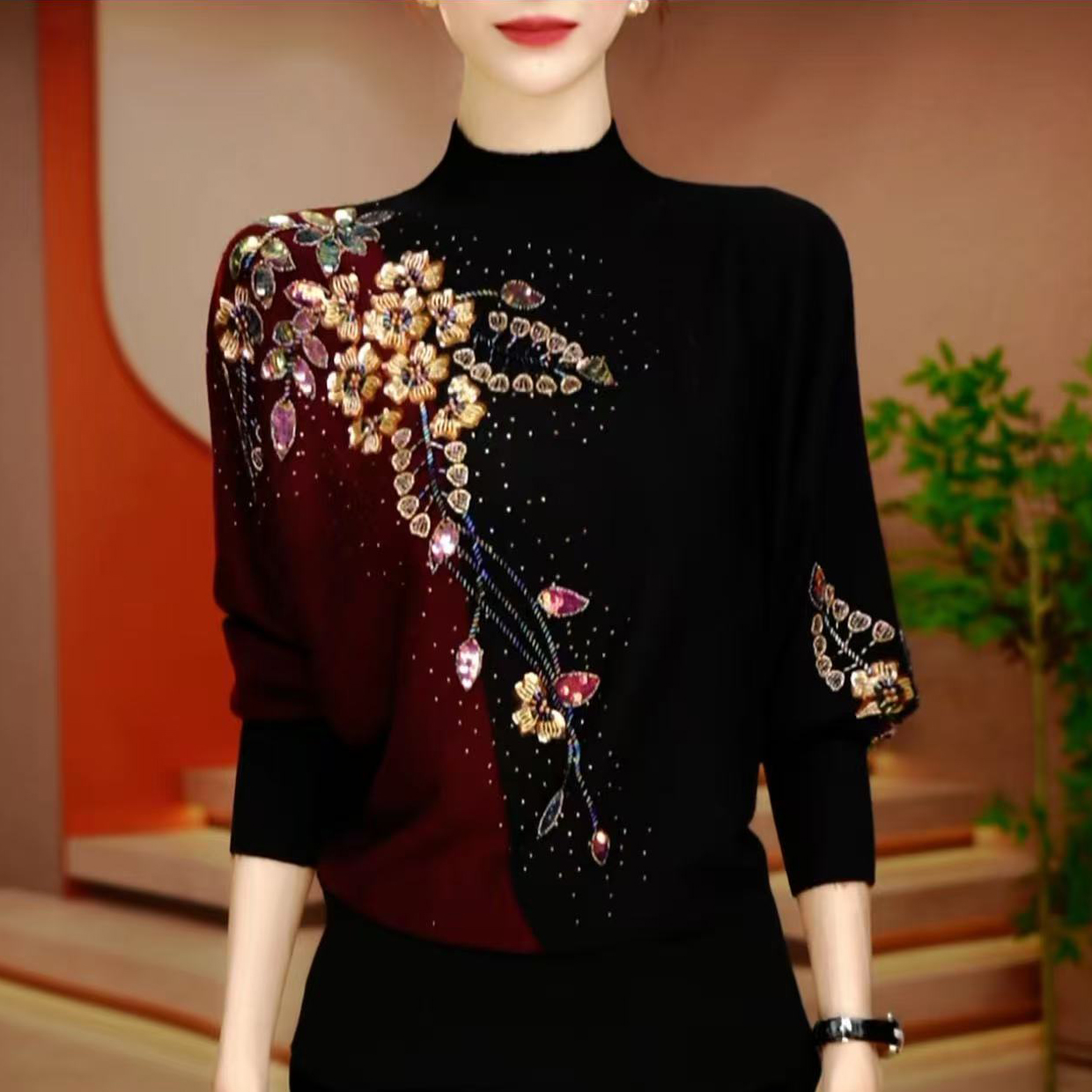 春秋新款保暖提花针织衫减龄洋气宽松女士气质时尚上衣长袖打底衫