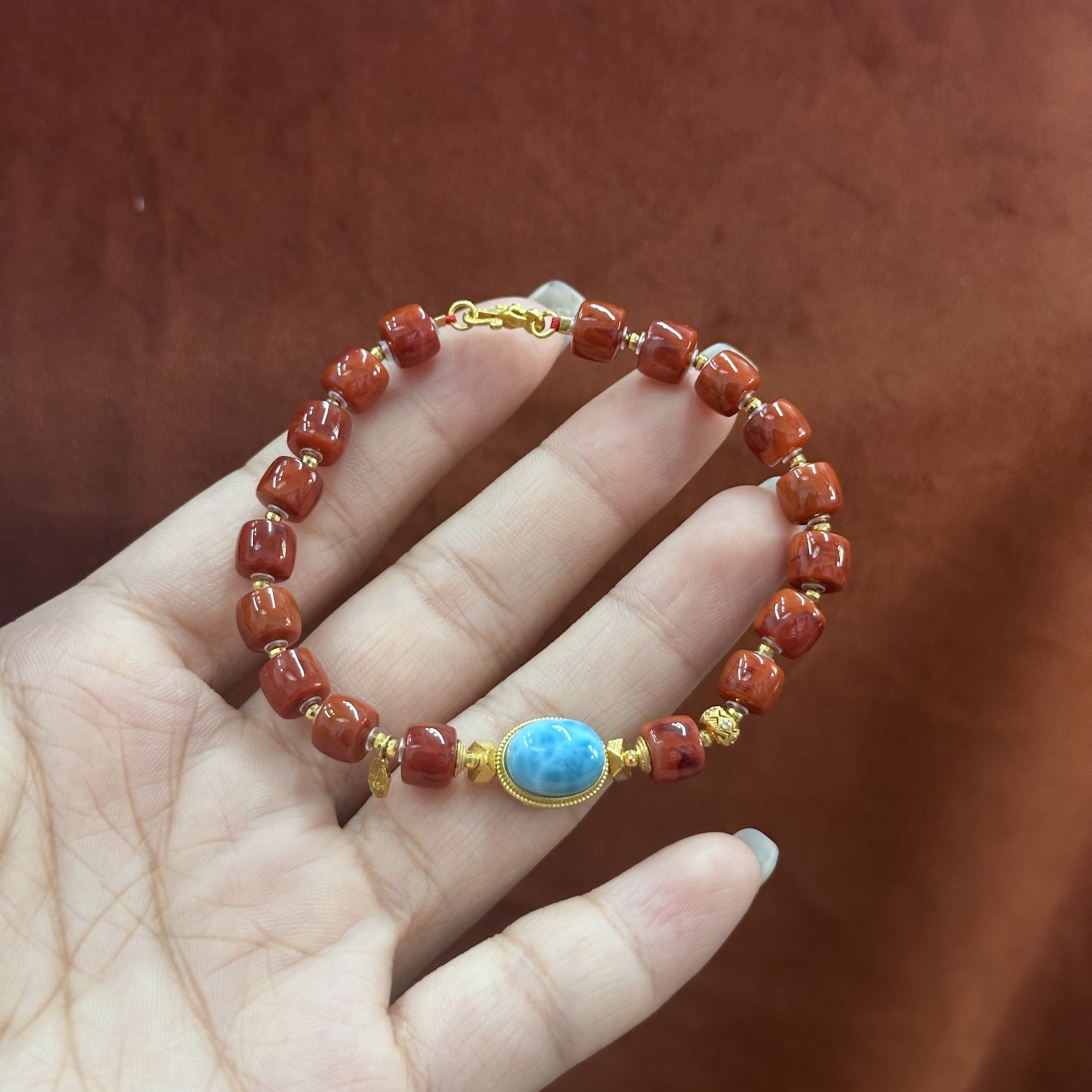 【不二】南红牛血红18K金DIY直切手串6.5mm±（多样性发）