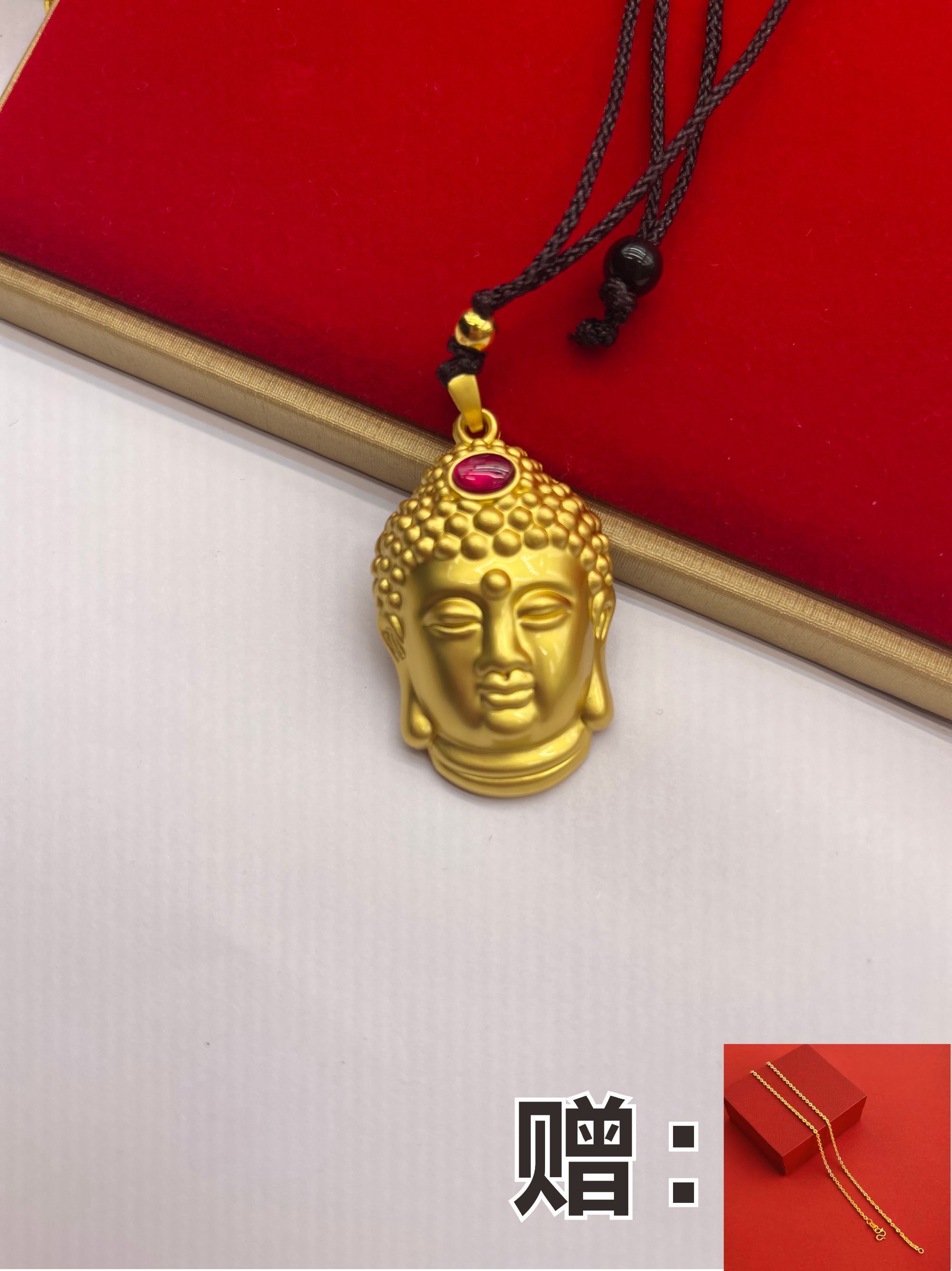 【直播推荐】足金金珠红宝石佛头吊坠