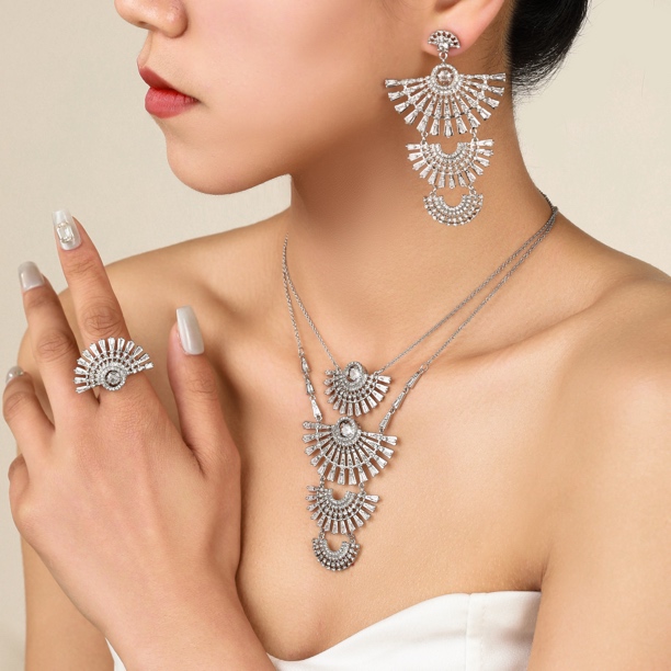 铜合金合成锆石项链 Xyuer扇形跳动的心高品质定制款四件套首饰