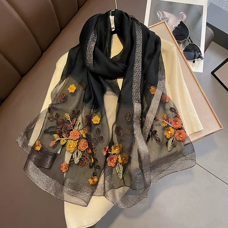 星悦｜黑色海棠花｜70*180cm丝毛长巾黑色 秋冬优雅百搭9月