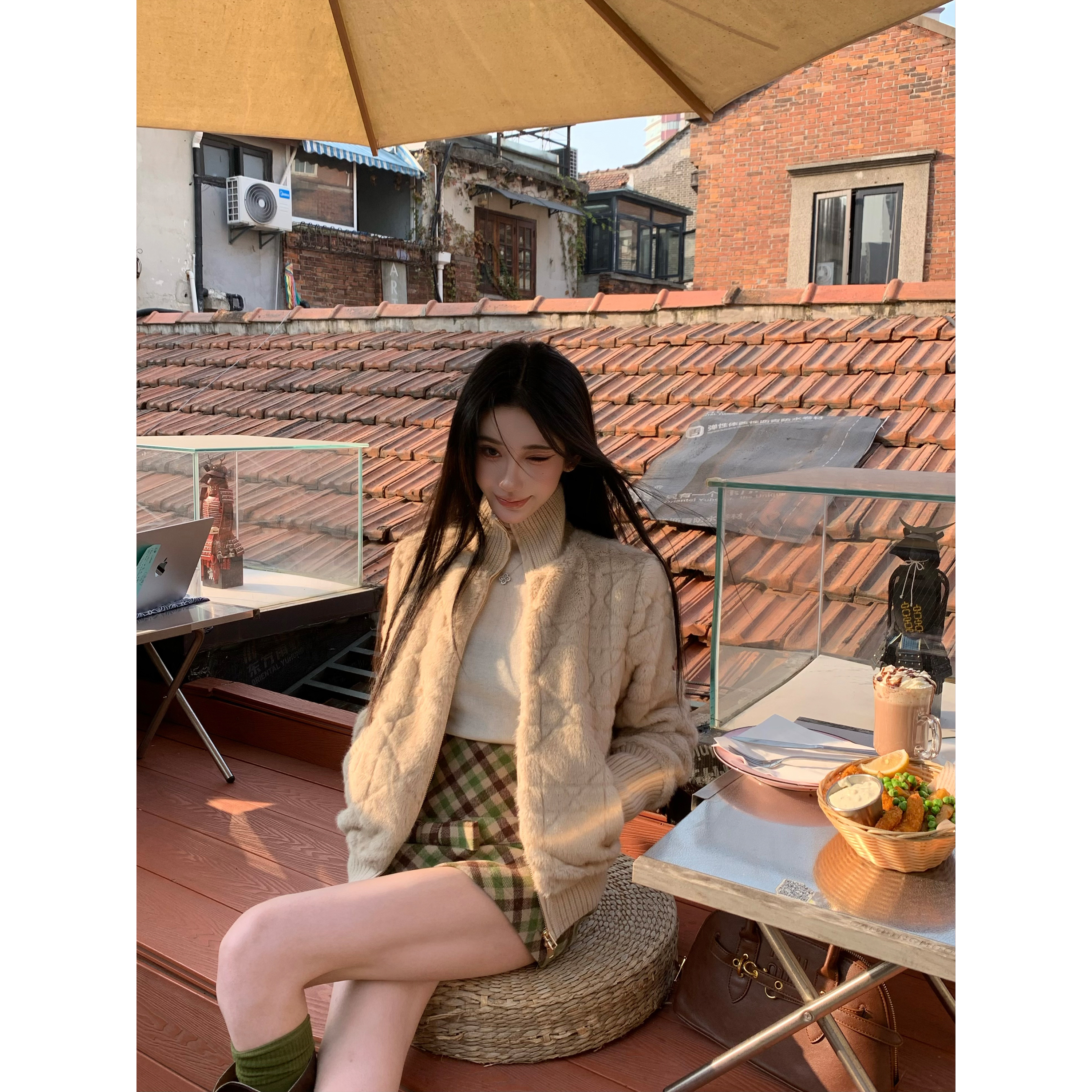 Barb Chill【捕梦少女】菱形格立领毛织上衣女冬夹克拉链毛毛外套