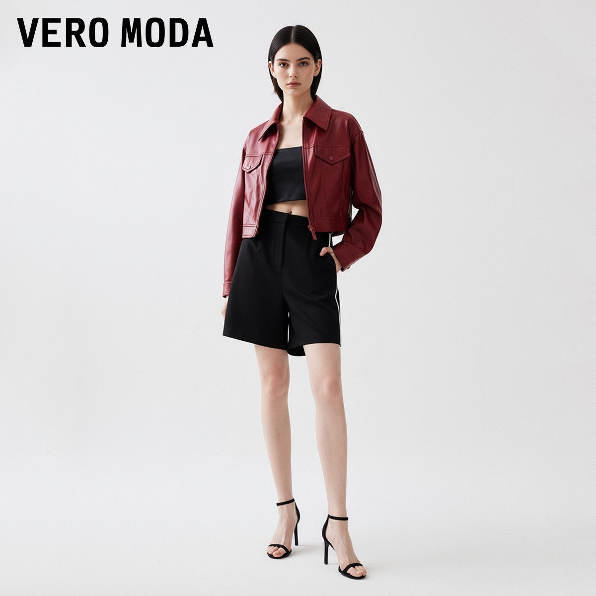 Vero Moda外套2025秋季PU短款长袖翻领纯色上衣老钱风松弛感女装