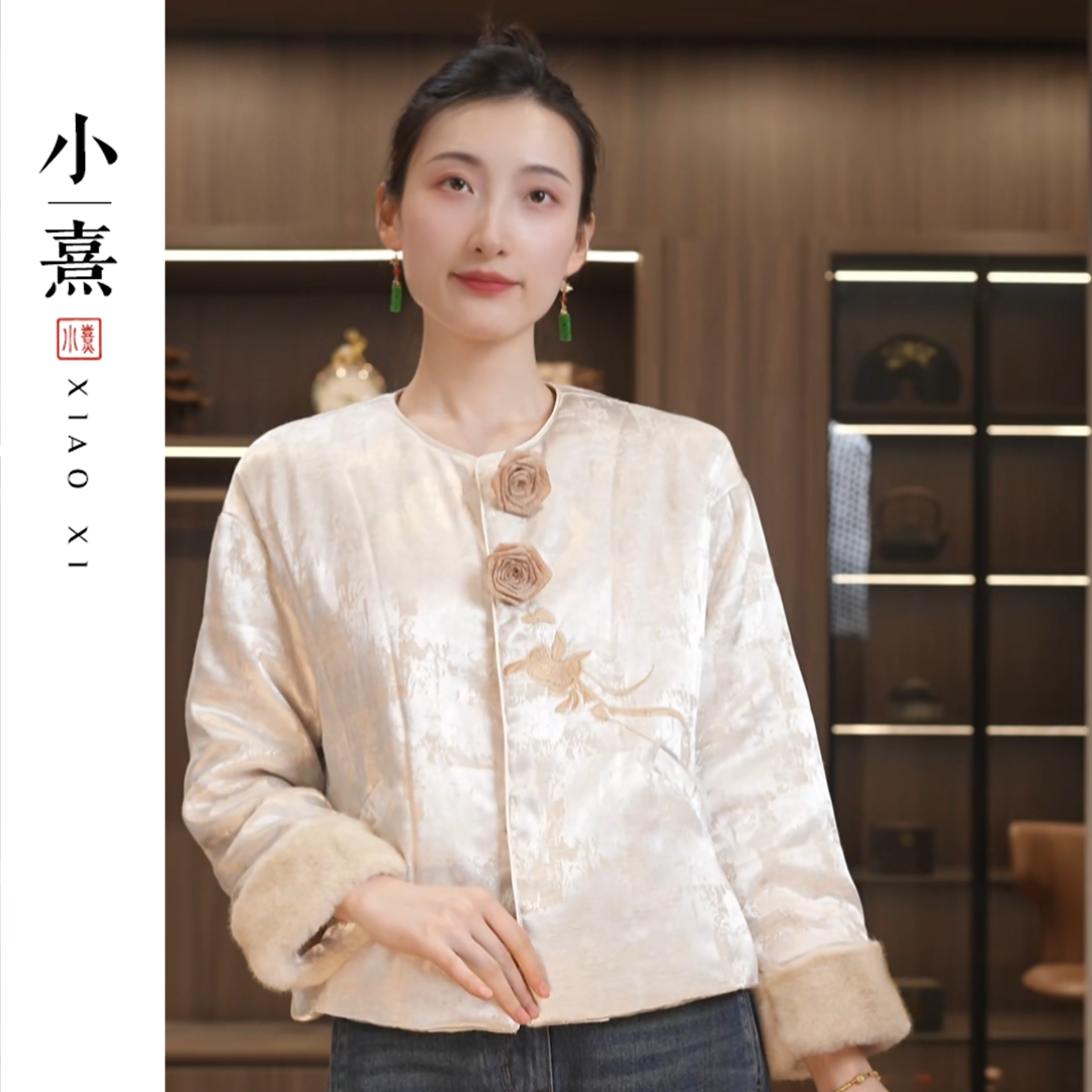 【沐柔】冬季2025新款新中式上衣女装加棉加厚国风气质外套圆领提花