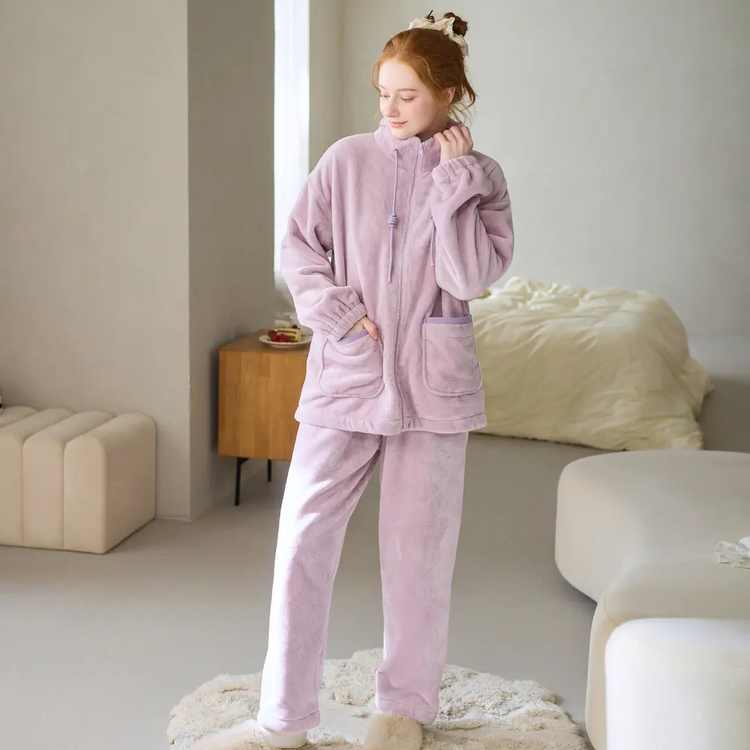 芬腾女睡衣冬季新款珊瑚绒加绒加厚保暖拉链立领家居服套装