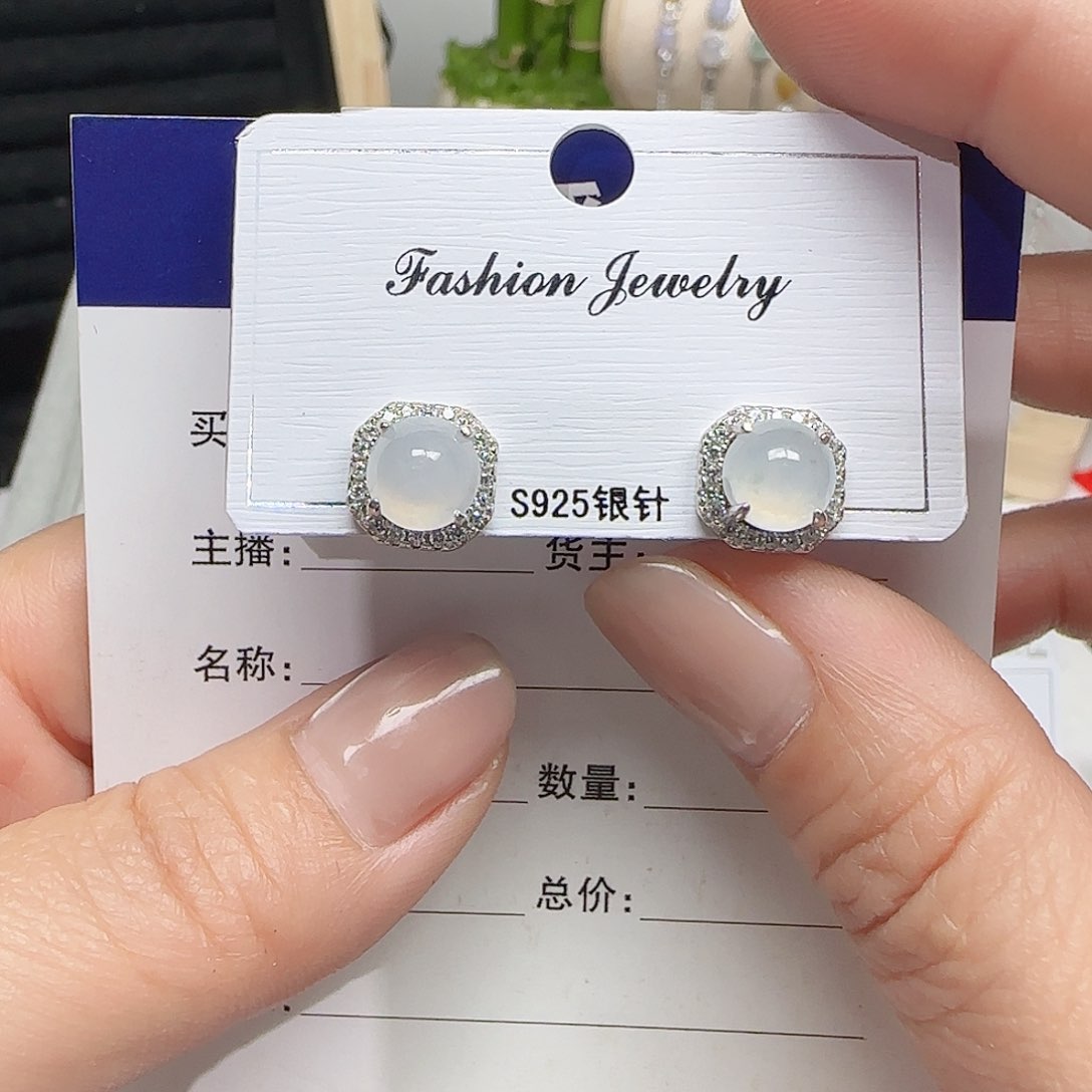 翡翠戒指银S925镶嵌缅甸a货翡翠s925银镶耳钉