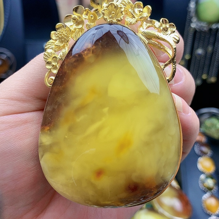 琥珀裸石银S925镶嵌坠