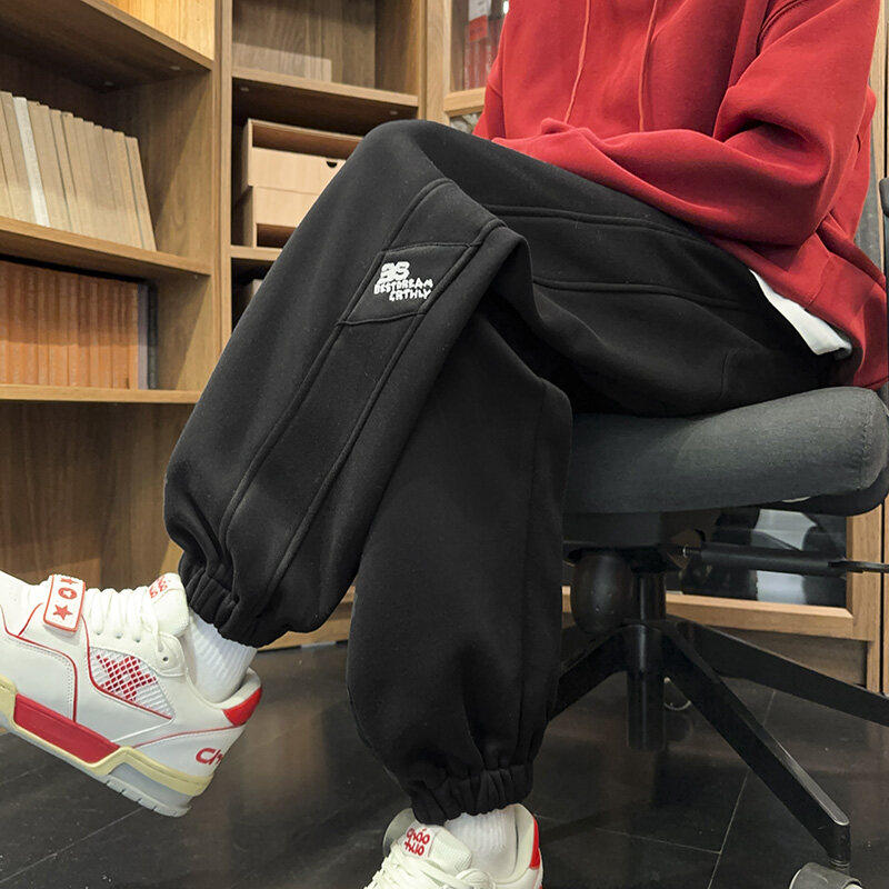 66891J港风复古秋冬加绒束脚卫裤学院风潮牌宽松大码休闲长裤