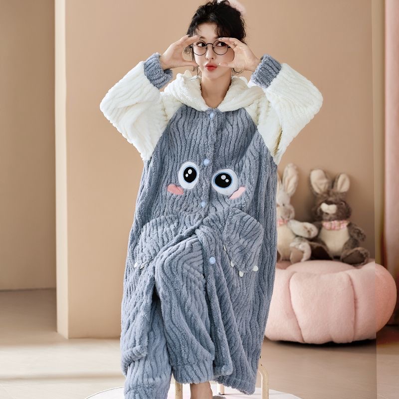 直播间看款冬季保暖连帽条纹睡衣家居服套装秋冬休闲加厚秋装