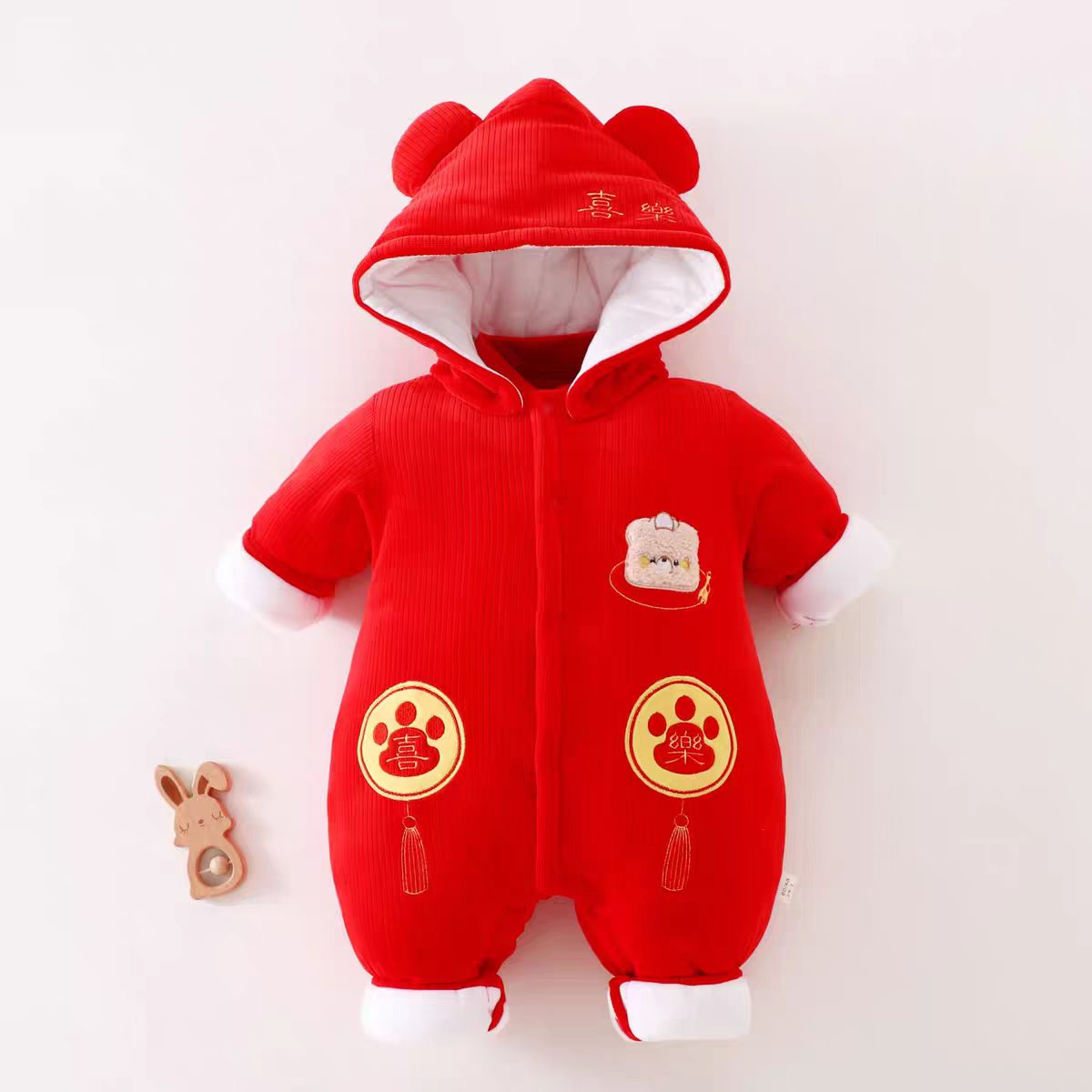 婴幼儿连体衣冬季300克加厚喜庆过年服外出服宝宝红色拜年服爬服