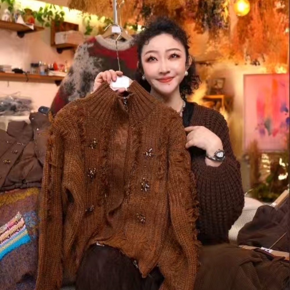 AOSER时尚百搭针织气质韩系复古镶钻流苏女装立领毛衣外套870