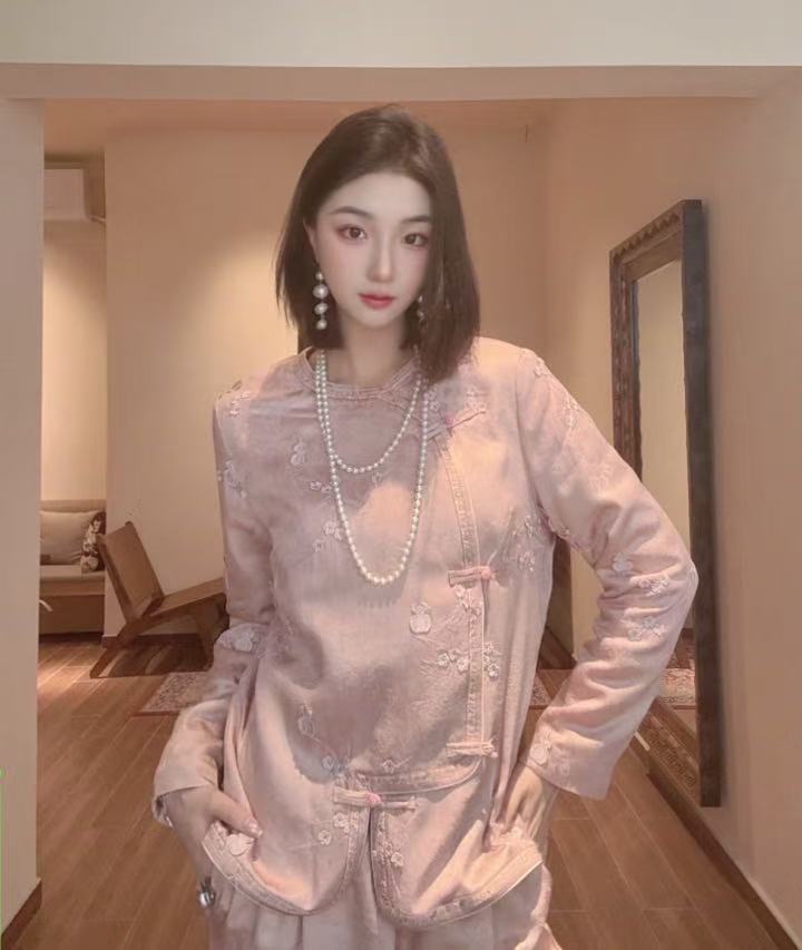 【葫芦纳福】深圳原创设计新中式时尚刺绣长袖加棉斜襟上衣圆领套装