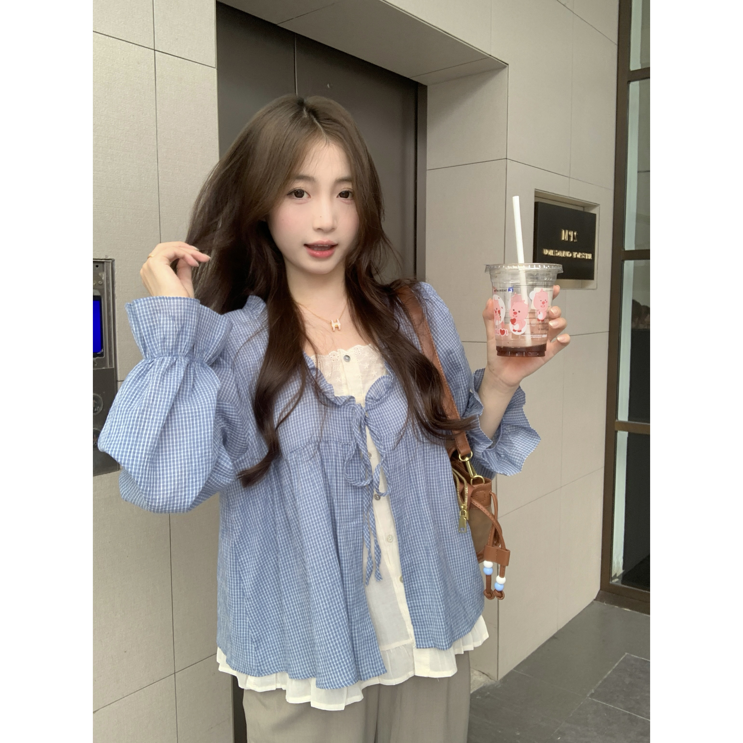 大码胖mm2025秋季新款韩版重工衬衫设计感系带假单件百搭甜美上衣