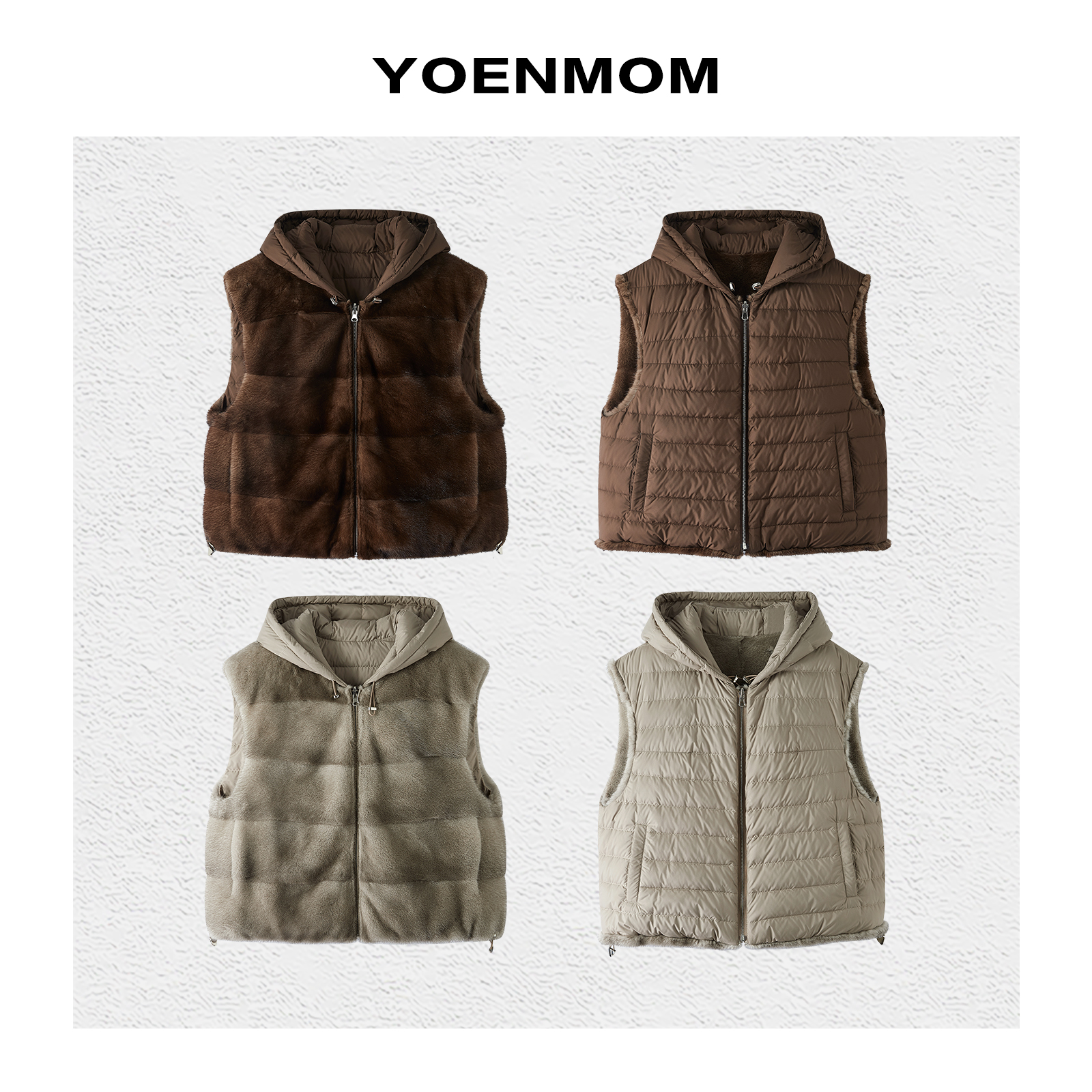 YOENMOM·传奇·丹麦进口天鹅绒小母貂拼白鹅绒设计感连帽马甲