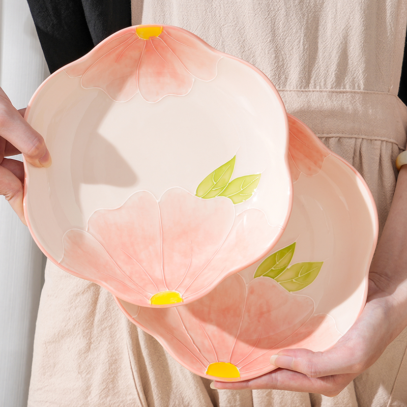 清晨物语两只装8寸深盘陶瓷手绘浮雕高温釉下彩精致菜盘饭盘汤盘