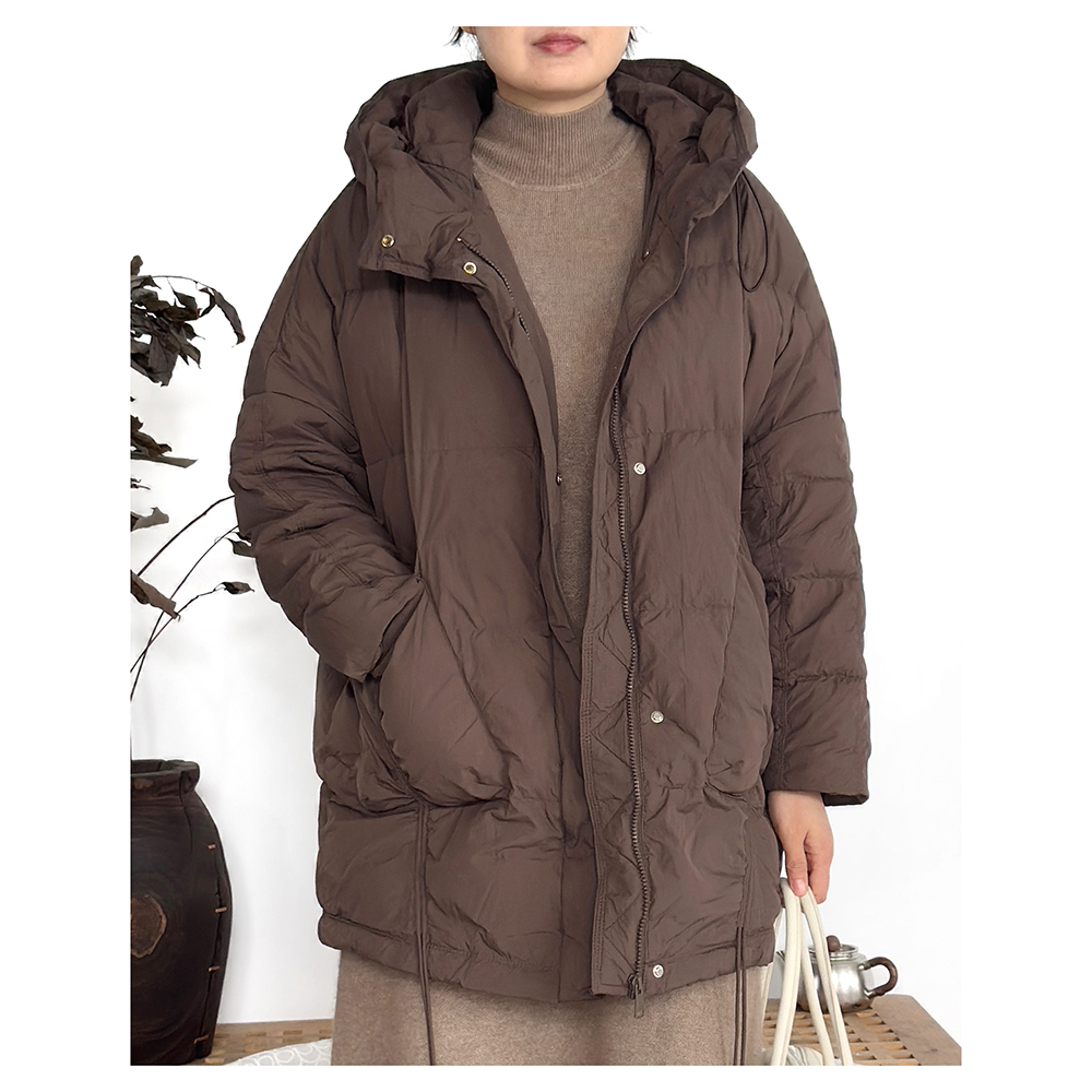 WT167冬季新款女士休闲百搭宽松中长款连帽长袖羽绒外套