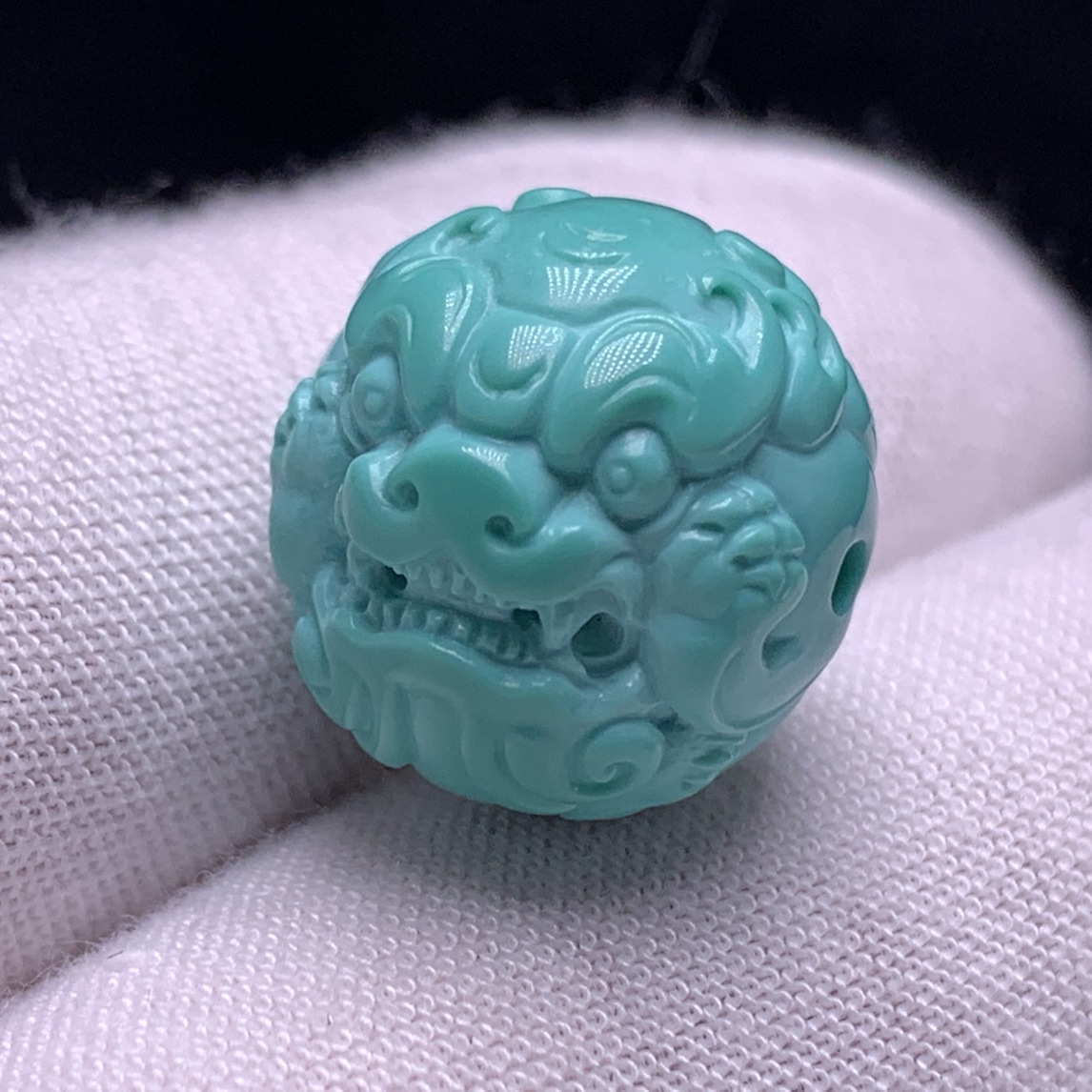 雕刻兽珠湖北纯天然原矿绿松石配珠顶珠手工15mm绿色(地大质检）