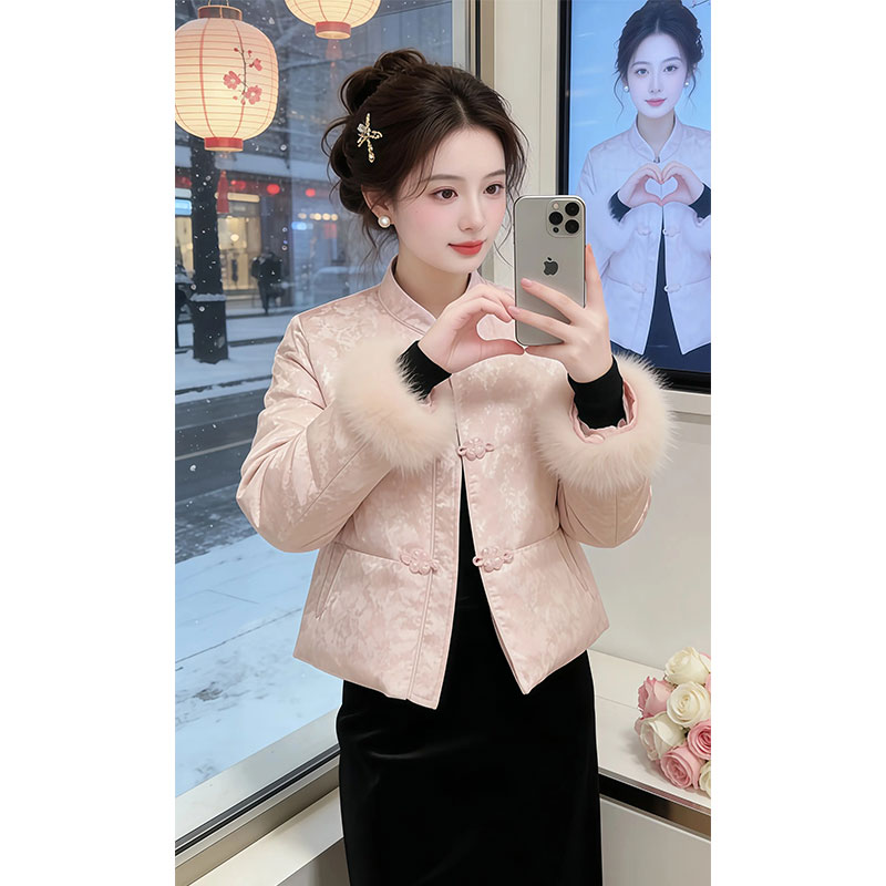 兹伊翰【锦绣年华】2025冬季新款提花毛毛拼接棉服女士时尚保暖棉衣