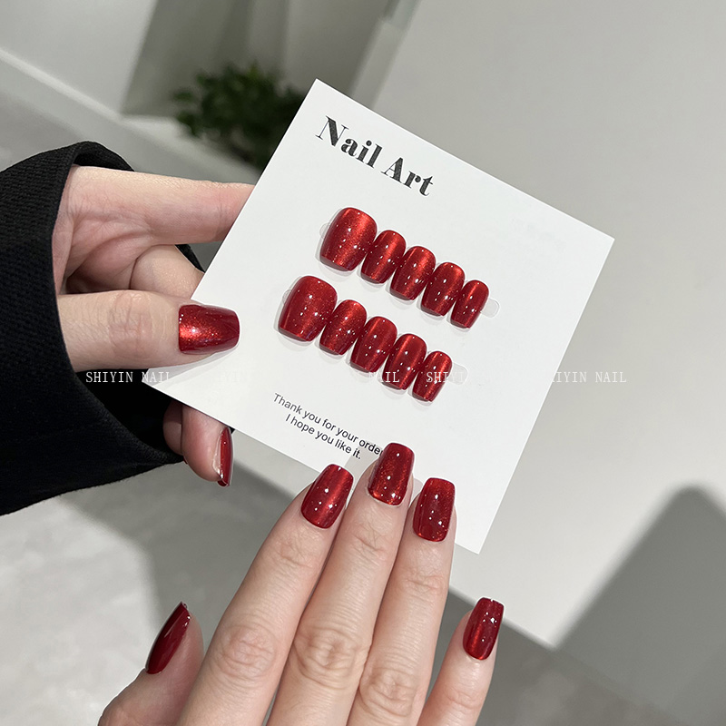 CPY-12红色猫眼穿戴甲短款穿戴式美甲高级感显白免磨指甲贴片