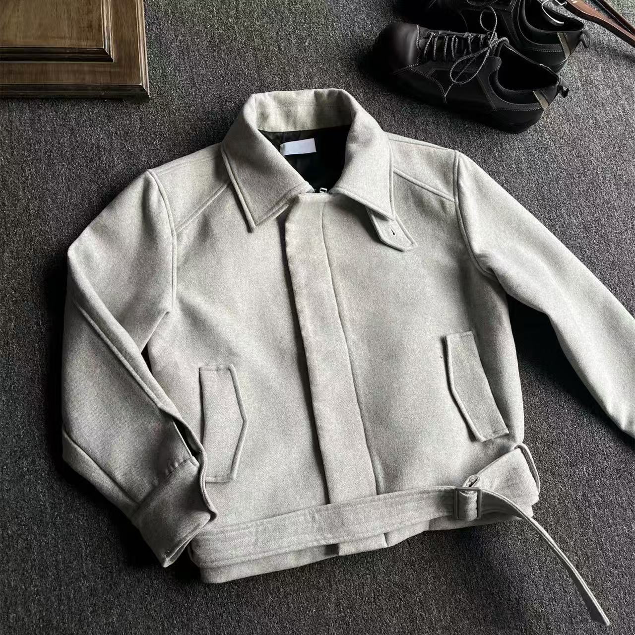 4JUNKS绑带羊毛解构正肩夹克男女美式收腰毛呢外套cleanfit上衣潮